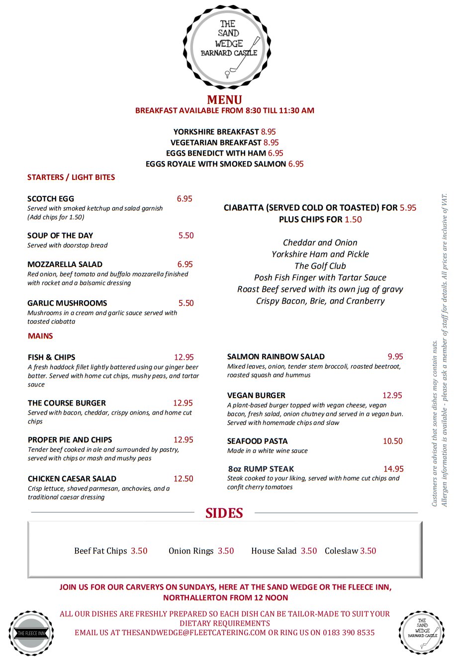 Bar Menu Barnard Castle Golf Club